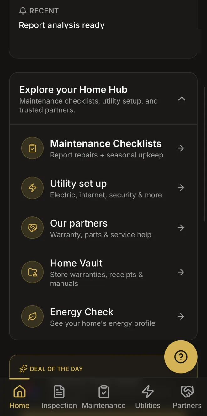 BPI Home Hub dashboard with maintenance checklists, utility setup, partners, home vault, and energy check