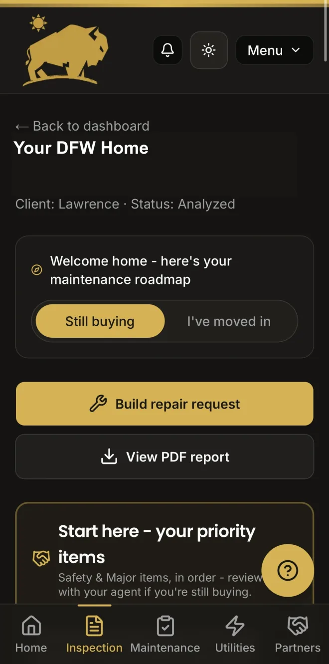 BPI Home Hub Report Analyzer showing an inspection roadmap with priority items and a build-repair-request button