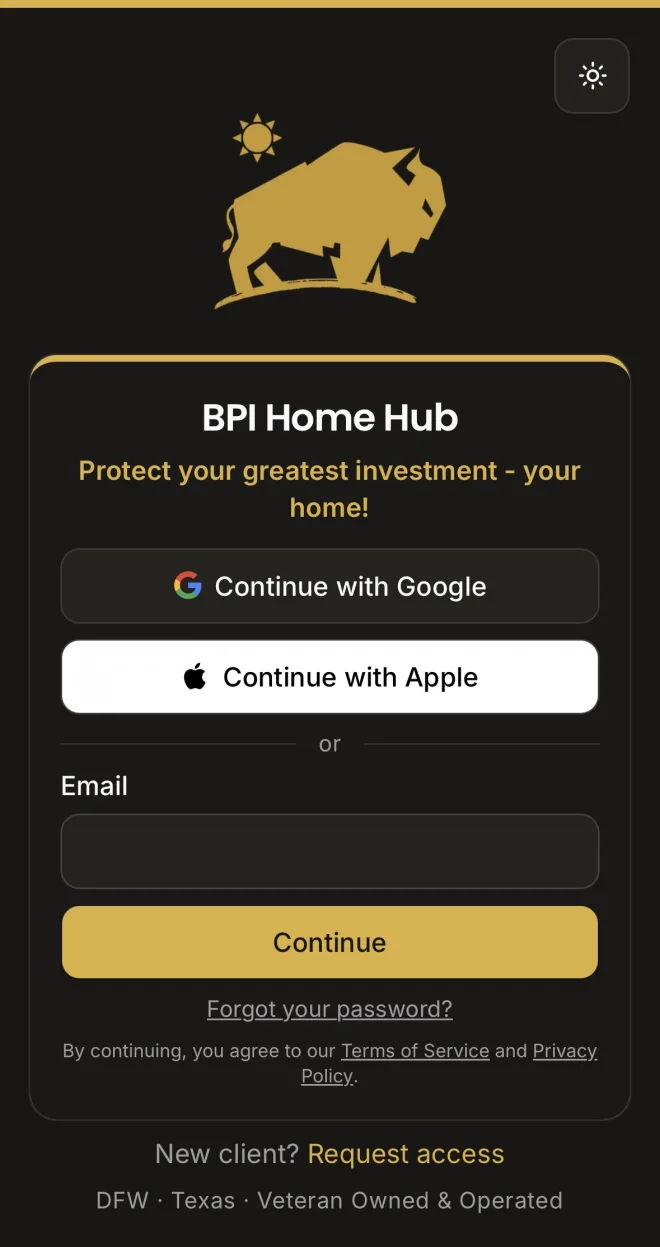 BPI Home Hub sign-in screen with Continue with Google, Apple, or email
