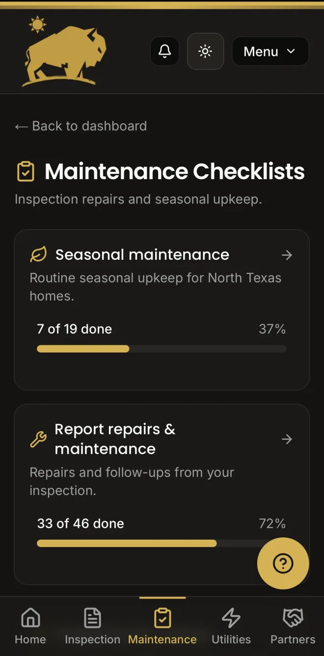 BPI Home Hub maintenance checklists tracking seasonal upkeep and report repairs