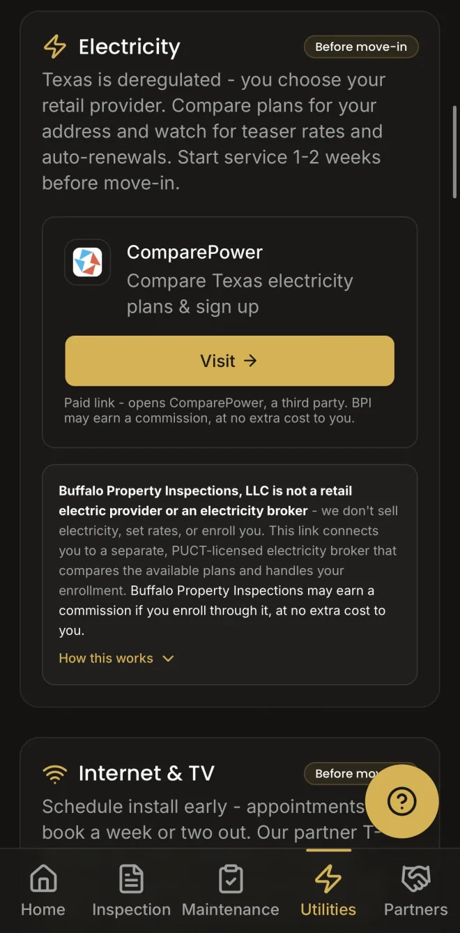 BPI Home Hub utility setup helping compare Texas electricity plans
