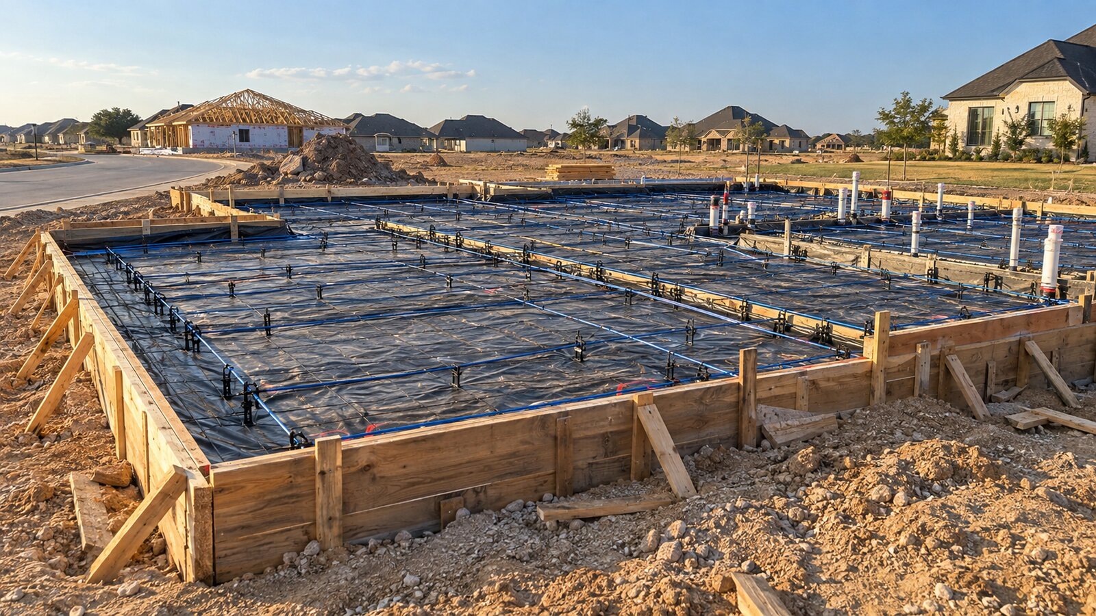 Pre-pour foundation inspection in Dallas-Fort Worth: formwork, post-tension cables and vapor barrier ready for the concrete pour on a new-construction home